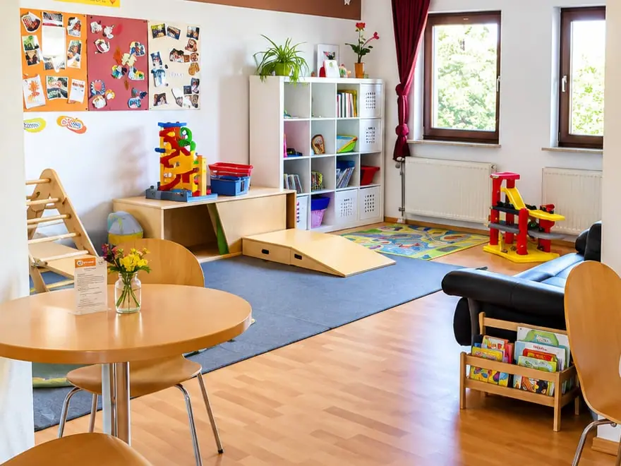 Spielecke im Familiencafé mit Spielmatte, Holzrampe, Kletterdreieck, Spielzeugregal und einer Kiste voller Bilderbücher.