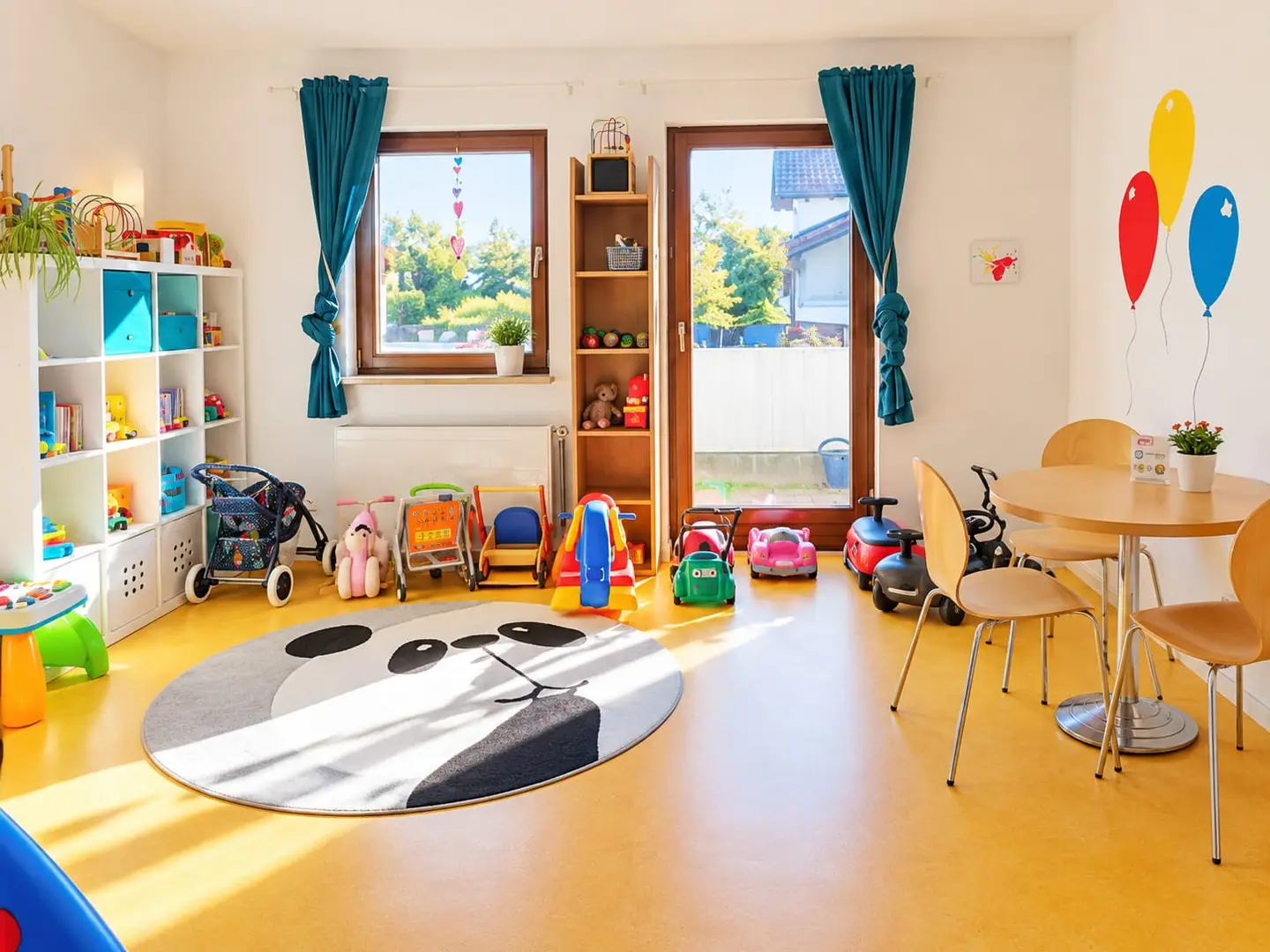 Sonniges Spielzimmer mit rundem Panda-Teppich, Bobbycars, Puppenwagen und Regalen voller Spielsachen; hinten eine Terrassentür ins Grüne.